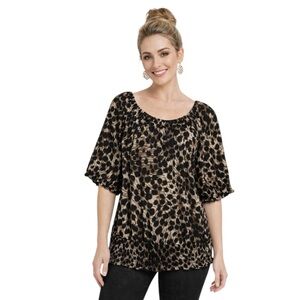 Jonden Women Leopard-Print Peasant Blouse with Smocked Hem Size Large